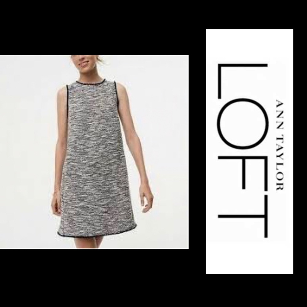 LOFT Black & White Tweed Shift Dress w/Fringe Trim